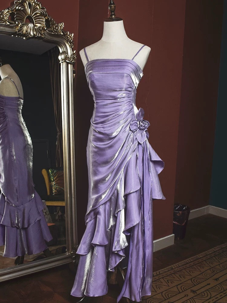 Vintage Mermaid Spaghetti Straps Satin Long Party Dress Prom Dresses SD2806