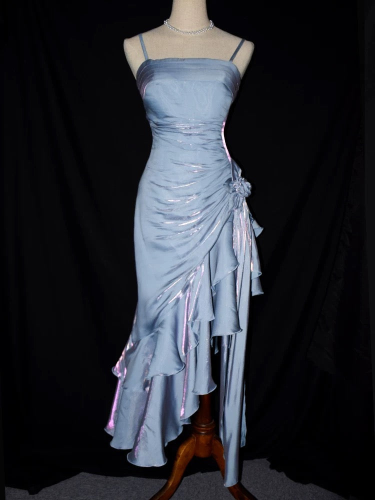 Vintage Mermaid Spaghetti Straps Satin Long Party Dress Prom Dresses S2806