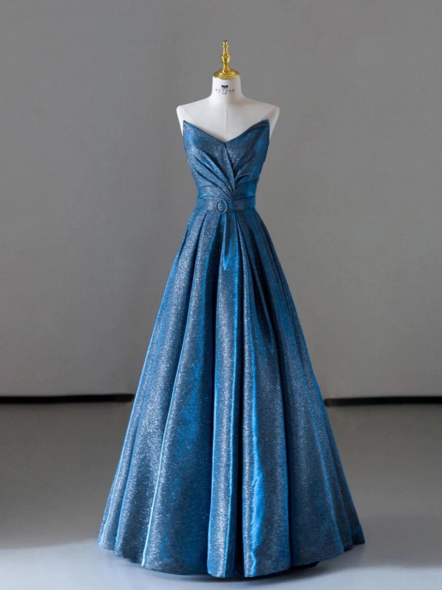 Vintage Ball Gown Sweetheart Blue Sequin Long Prom Gown Fairy Prom Dresses SD2807
