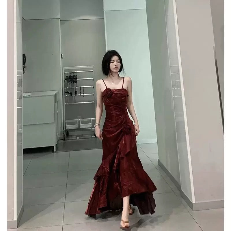 Vintage Mermaid Spaghetti Straps Burgundy Long Party Dresses Birthday Outfits SD2947