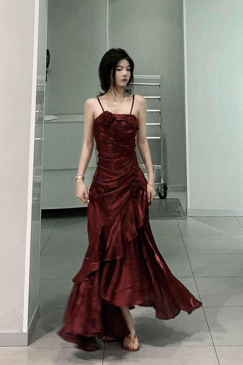 Vintage Mermaid Spaghetti Straps Burgundy Long Party Dresses Birthday Outfits SD2947