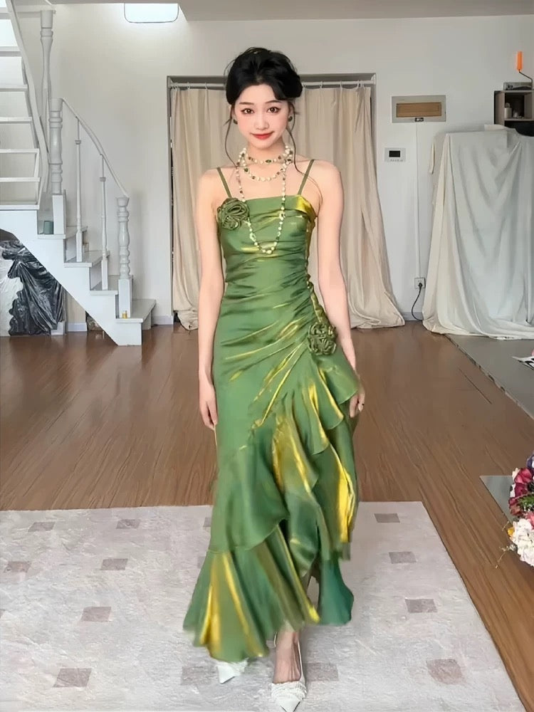 Vintage Mermaid Spaghetti Straps Green Long Party Dresses Birthday Outfits SD2948