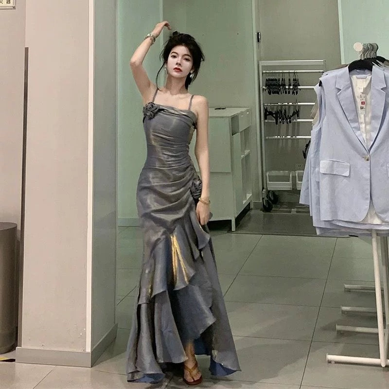 Vintage Mermaid Spaghetti Straps Gray Long Party Dresses Birthday Outfits SD2949