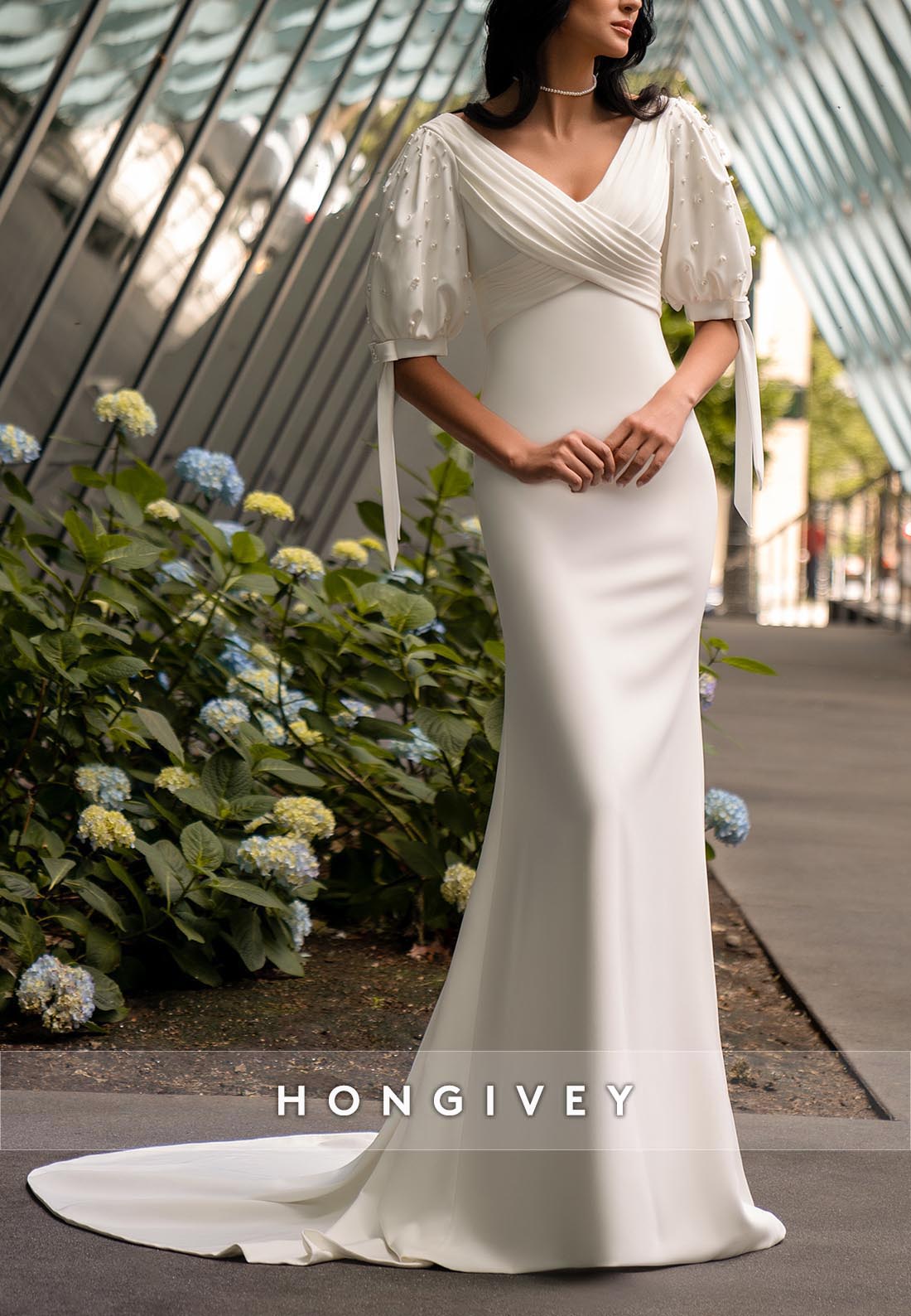 Trumpet Chapel Train V Neck Half Sleeve Pleated V Back Beading Wedding Dresses
