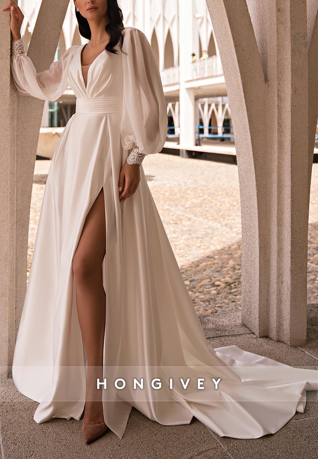 High Slit A-line Chapel Train V Neck Long Pleated Sleeve Lace Boho Wedding Dress