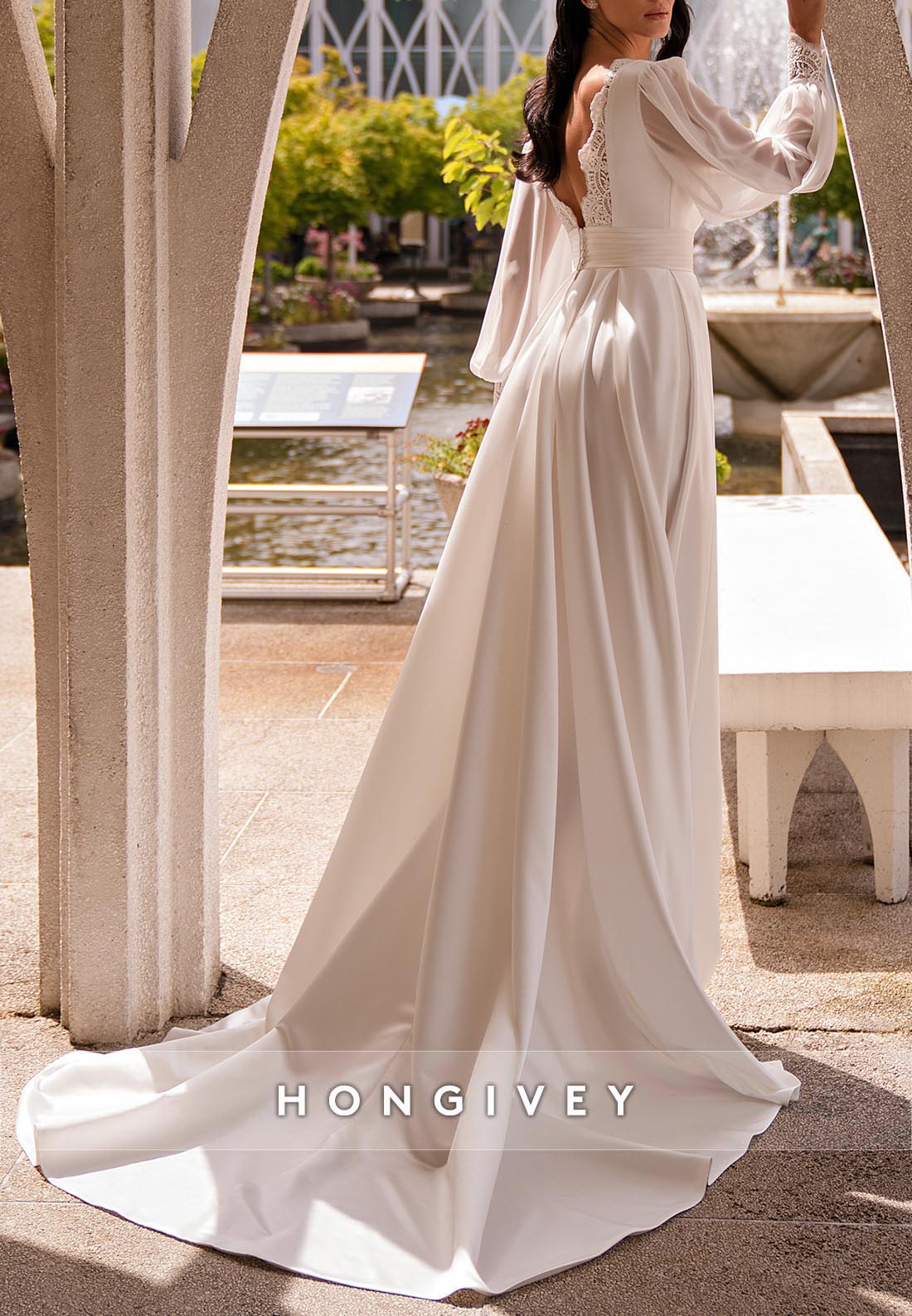 High Slit A-line Chapel Train V Neck Long Pleated Sleeve Lace Boho Wedding Dress