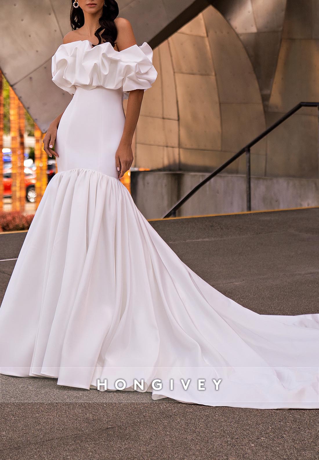 White Pleated Off the Shoulder Sheer Chapel Train Trumpet Wedding Dresses