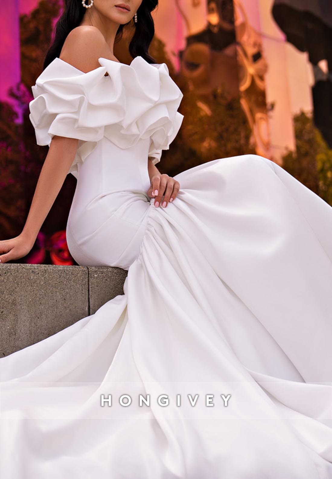 White Pleated Off the Shoulder Sheer Chapel Train Trumpet Wedding Dresses