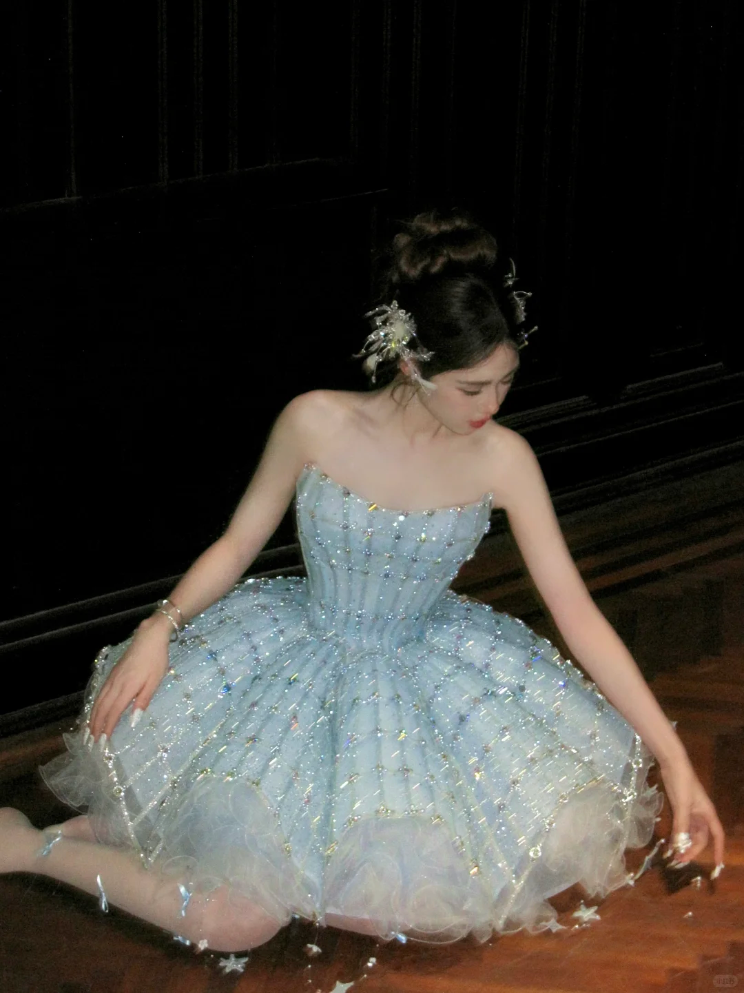 Glitter Blue Strapless Tulle Sequin Beaded A Line Short Homecoming Dress 18th Princess Birthday Outfits D051