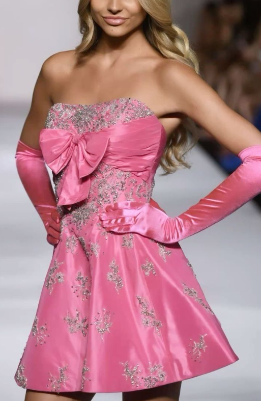 Stylish Pink Sequin Beaded Mini Birthday Outfits Formal Homecoming Dress With Gloves S422