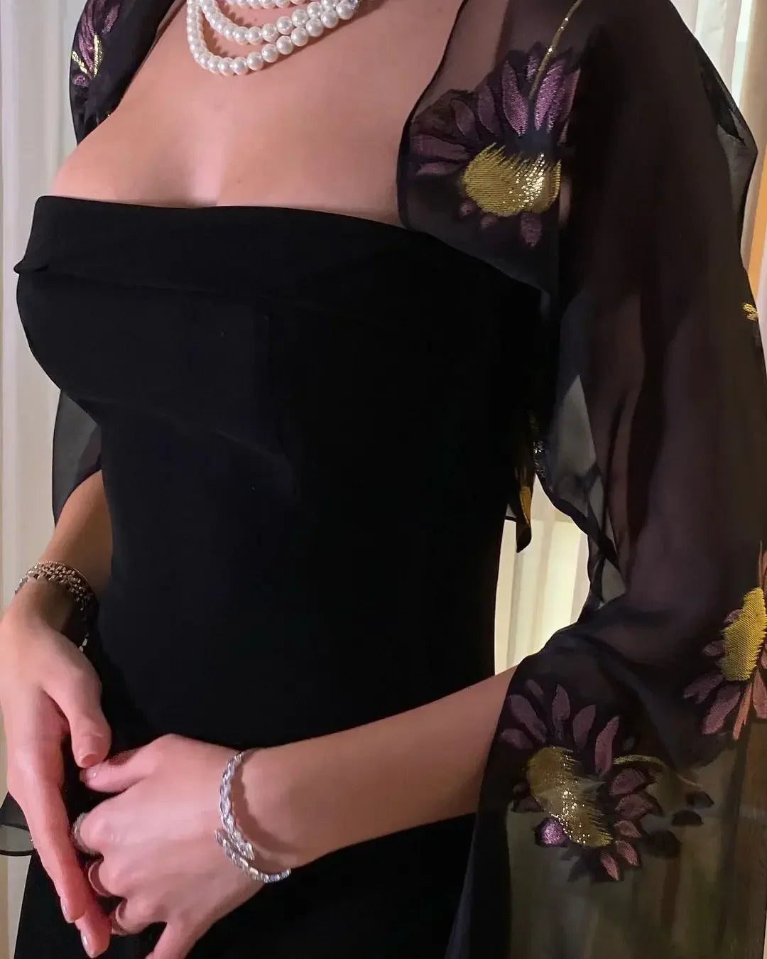 Evening Dresses Black Prom Dresses Printed Chiffon Long Sleeves Jackets Wedding Guest Dress for Women Special Party