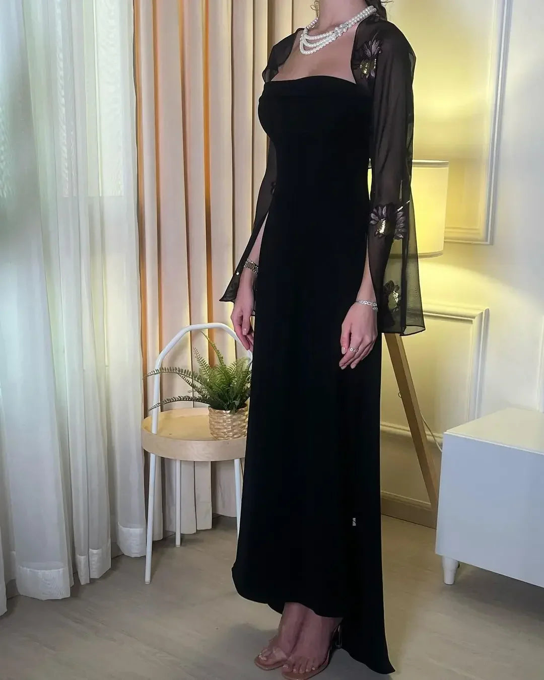 Evening Dresses Black Prom Dresses Printed Chiffon Long Sleeves Jackets Wedding Guest Dress for Women Special Party