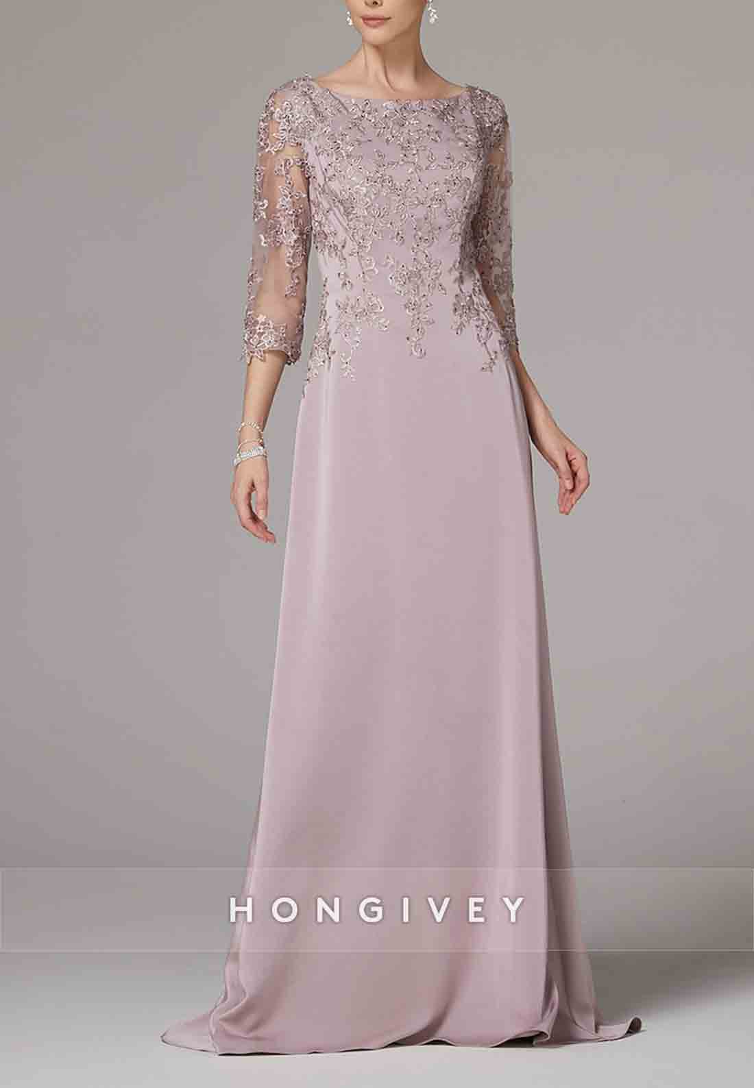 3/4 Sleeve Appliques Lace A-line Floor-Length Mother of the Bride