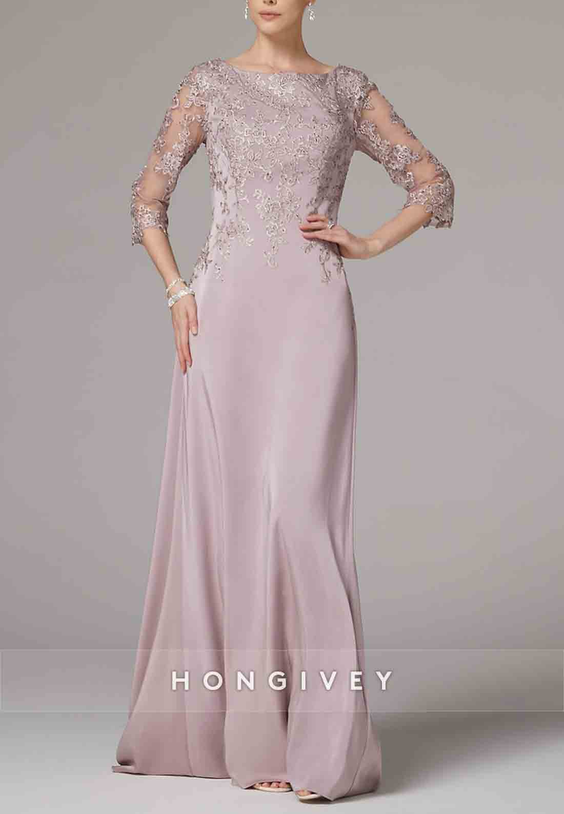 3/4 Sleeve Appliques Lace A-line Floor-Length Mother of the Bride