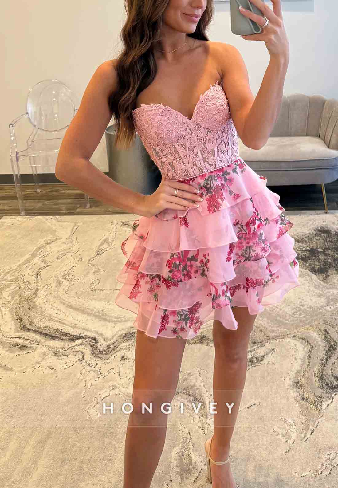 Sweetheart Floral Print Tie Back A-Line Short Homecoming Dress with Ruffles