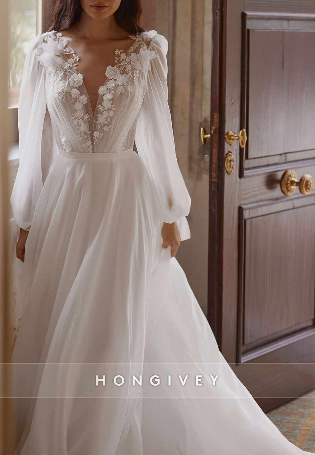 Straps Long Sleeve V Neck V Back Flowers Appliqued Chapel Train Wedding Dresses