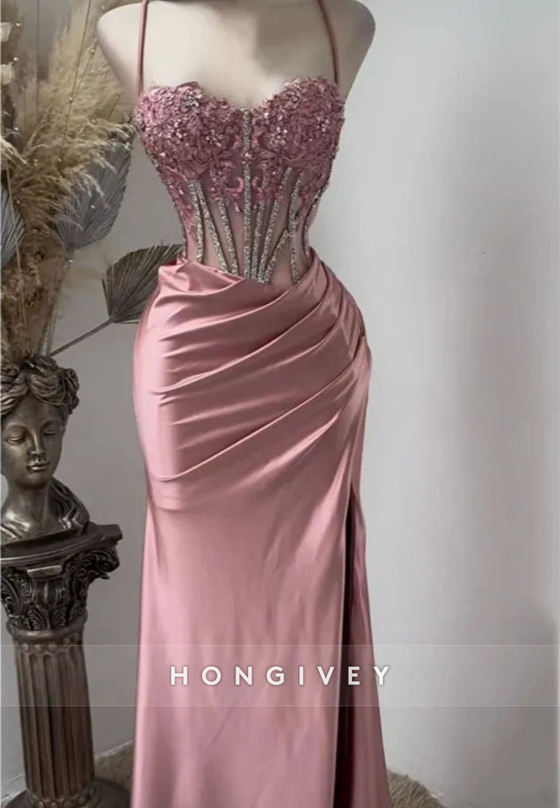 High Slit Spaghetti Straps Lace Appliques Sweetheart Pleated Long Prom Dress
