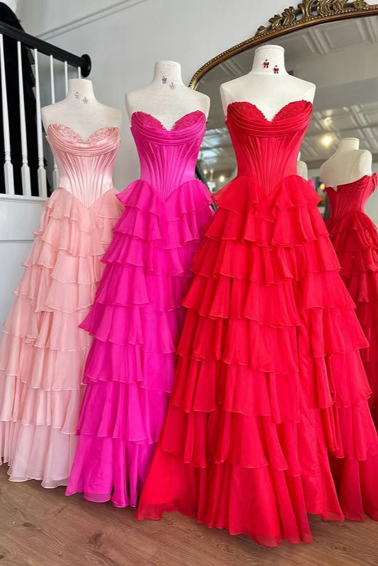 A-Line Sweetheart Sleeveless Floor-Length Pleated Lace Stripe Prom Dress with High Slit Formal Gown
