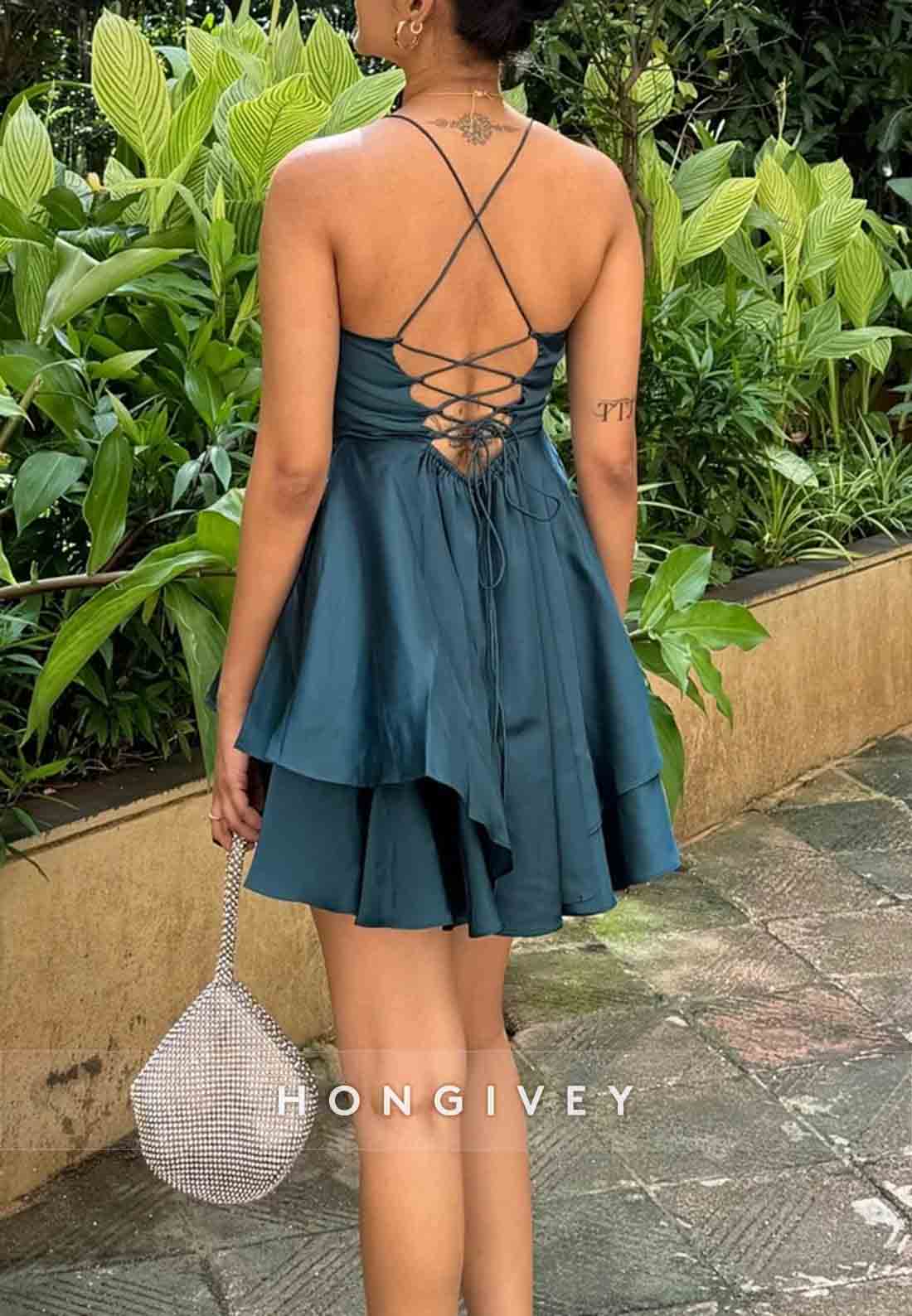 A-Line Halter Sleeveless Simple Pleated Crisscross Back Holiday Short Homecoming Dresses