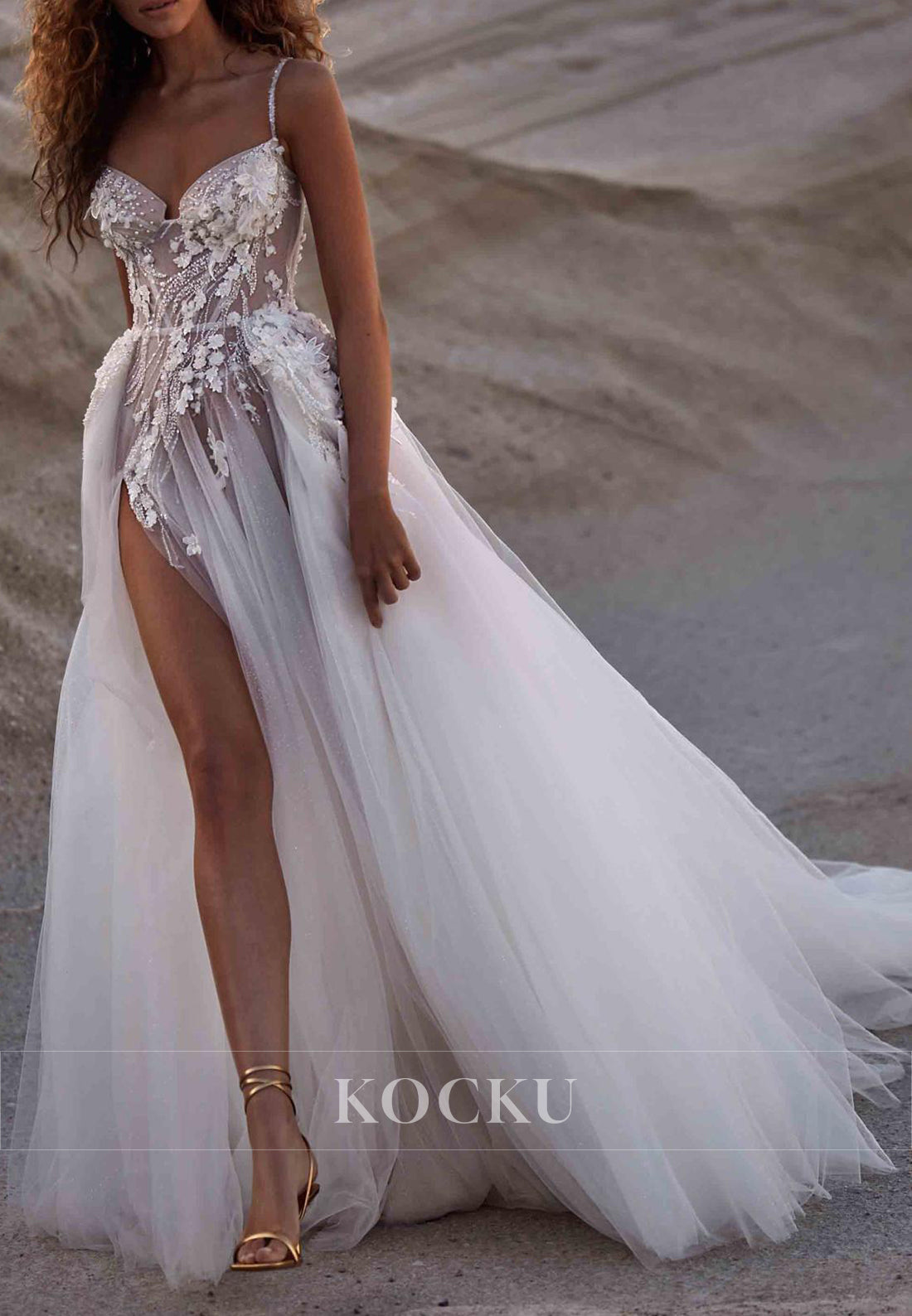 Spaghetti Strap Deep V - Neck Wedding Dress with 3D Floral Appliqués & High Slit Train