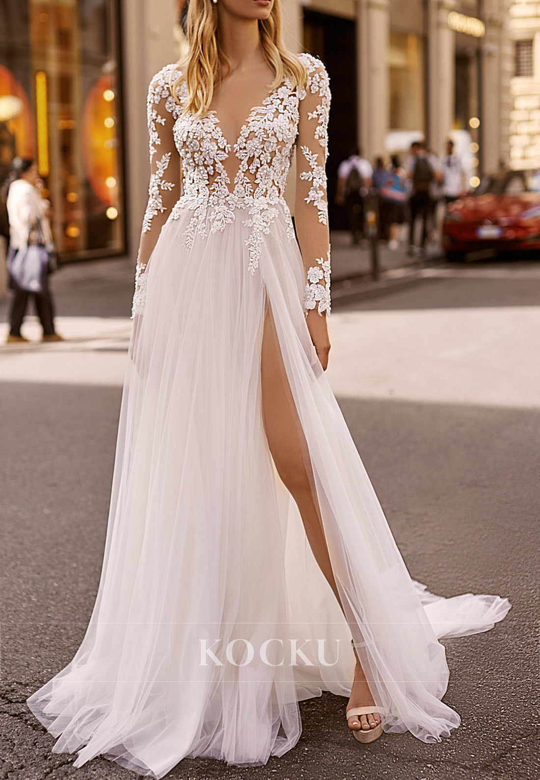 Sheer Long - Sleeve Open Back Lace Wedding Dress with Plunge Neckline & High Slit Train
