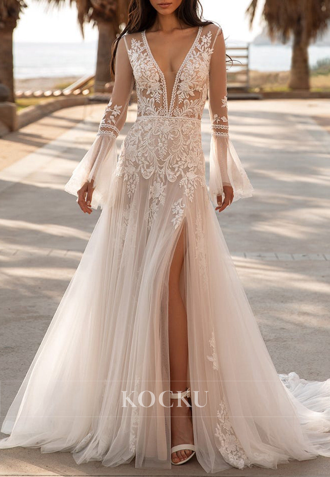 Dreamy Sheer Bell - Sleeve Lace Wedding Dress with Plunge Neckline & High Slit Train
