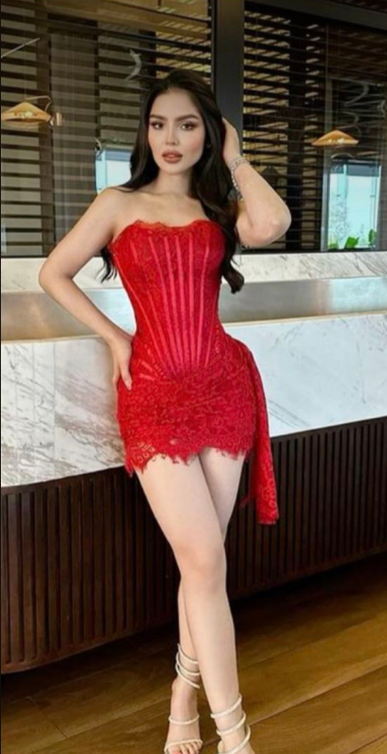 Pretty Red Lace Strapless Sheath Short Birthday Dress Formal Graduation Homecoming Dress  D006