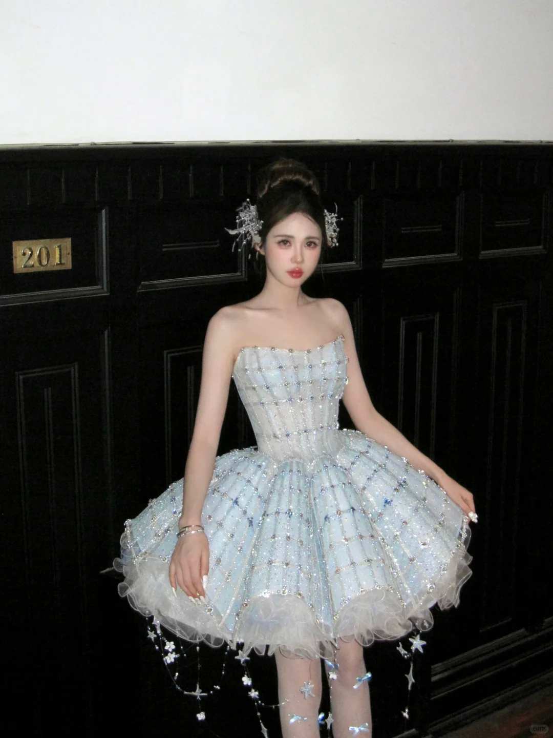 Glitter Blue Strapless Tulle Sequin Beaded A Line Short Homecoming Dress 18th Princess Birthday Outfits D051