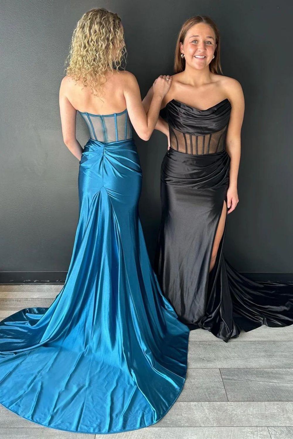 Satin Mermaid Strapless Backless Long Prom Dress With Split - Fashionpara