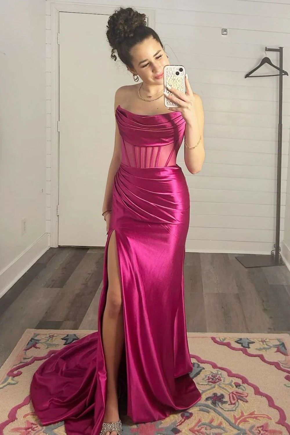 Satin Mermaid Strapless Backless Long Prom Dress With Split - Fashionpara