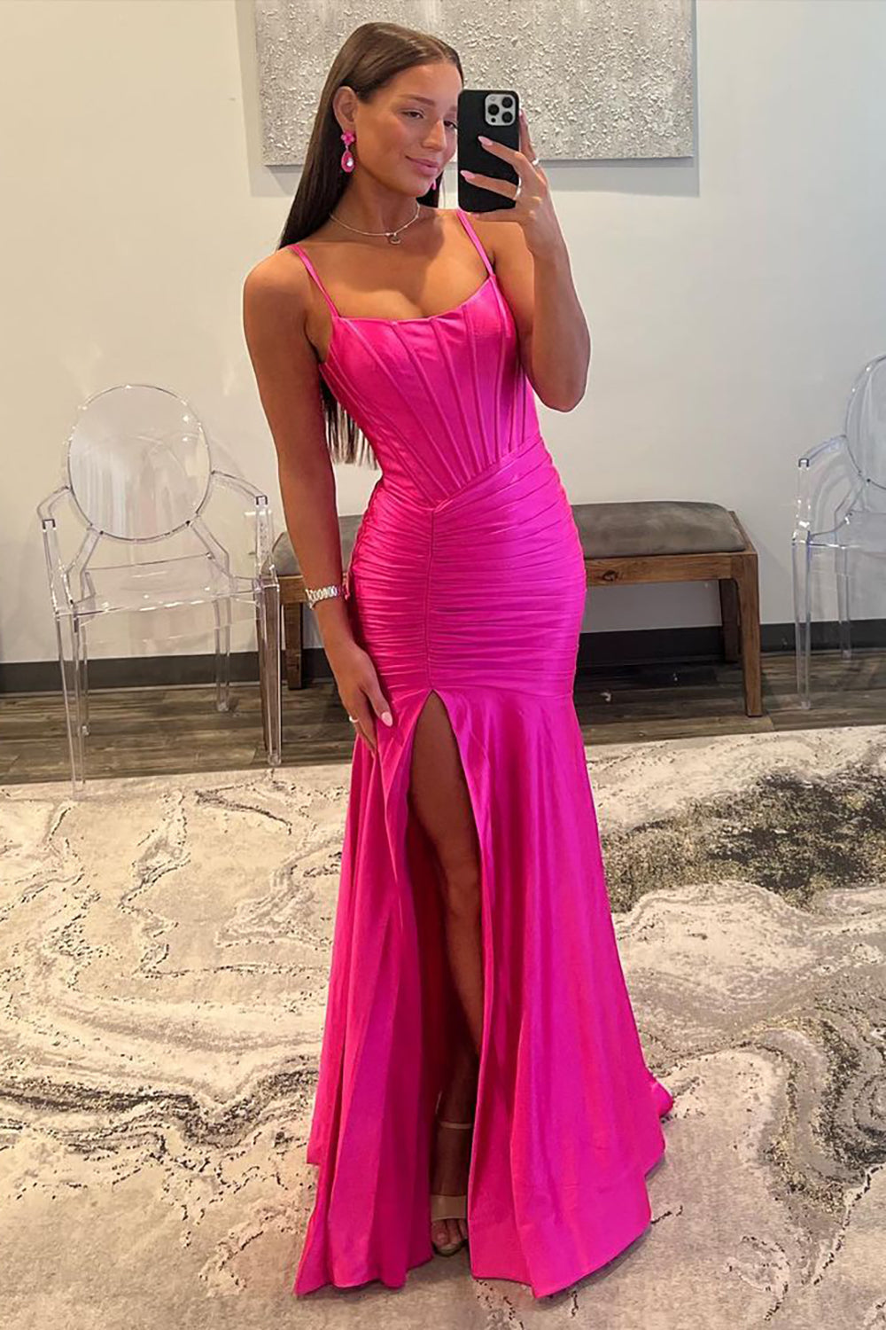 Hot Pink Spaghetti Straps Mermaid Long Satin Prom Dress with Slit - Fashionpara