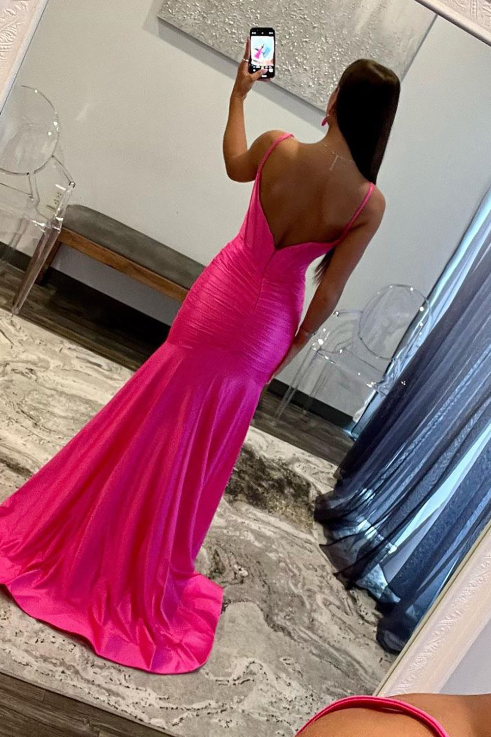 Hot Pink Spaghetti Straps Mermaid Long Satin Prom Dress with Slit - Fashionpara