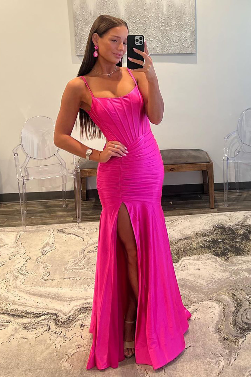 Hot Pink Spaghetti Straps Mermaid Long Satin Prom Dress with Slit - Fashionpara