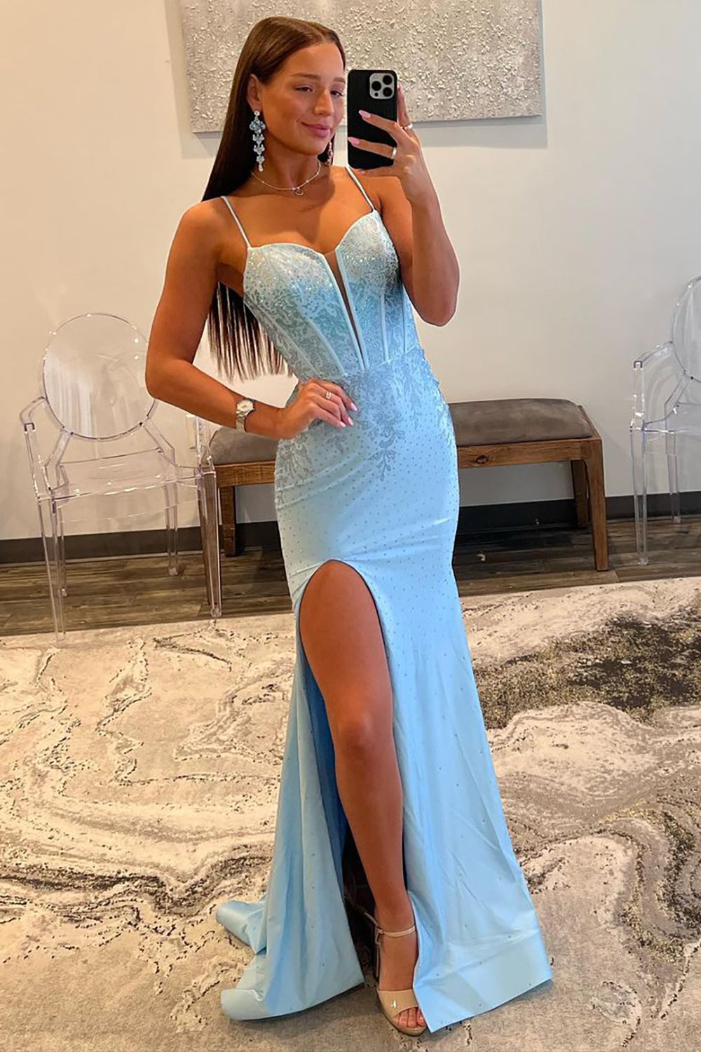Glitter Light Blue Spaghetti Straps Mermaid Lace Up Long Prom Dress with Slit - Fashionpara