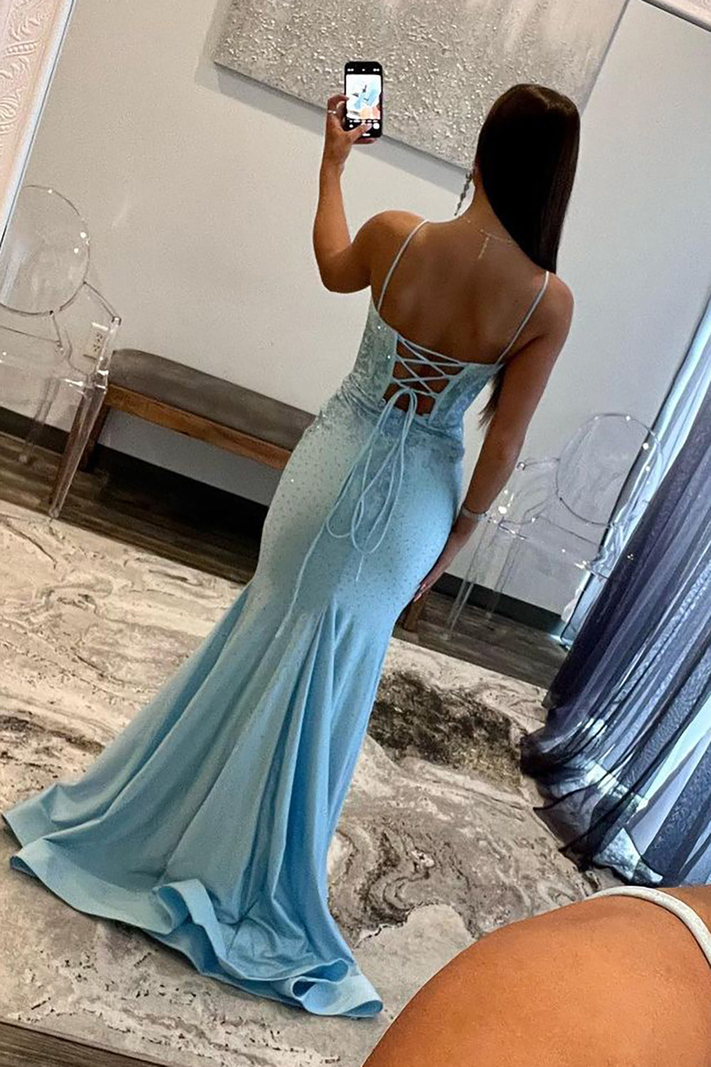 Glitter Light Blue Spaghetti Straps Mermaid Lace Up Long Prom Dress with Slit - Fashionpara
