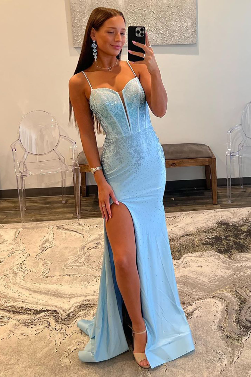 Glitter Light Blue Spaghetti Straps Mermaid Lace Up Long Prom Dress with Slit - Fashionpara