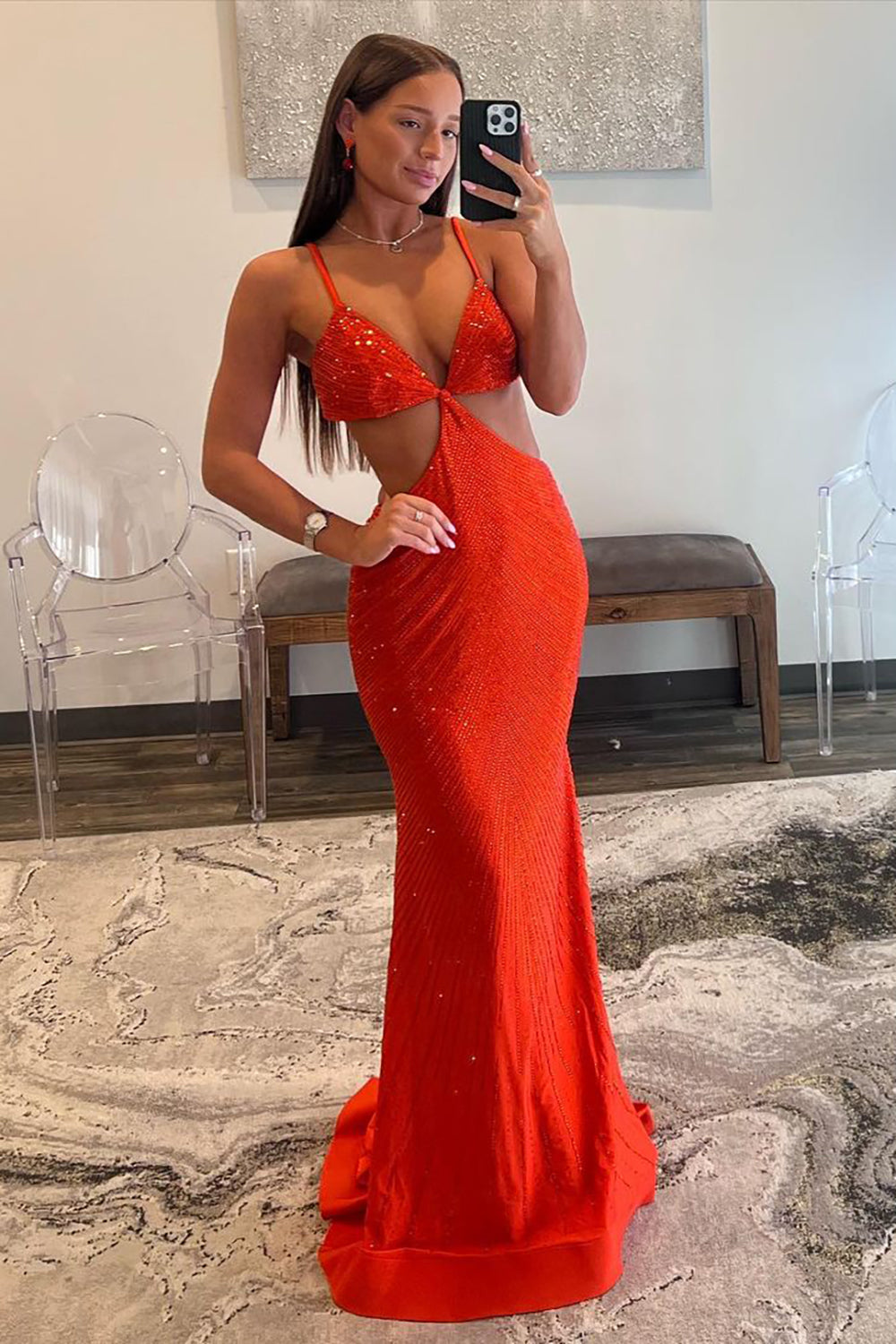Stylish Orange Mermaid Spaghetti Straps Long Beaded Prom Dress - Fashionpara