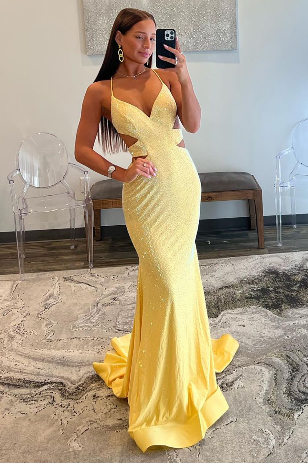Yellow Mermaid Cutout Waist Lace Up Corset Long Beaded Prom Dress - Fashionpara