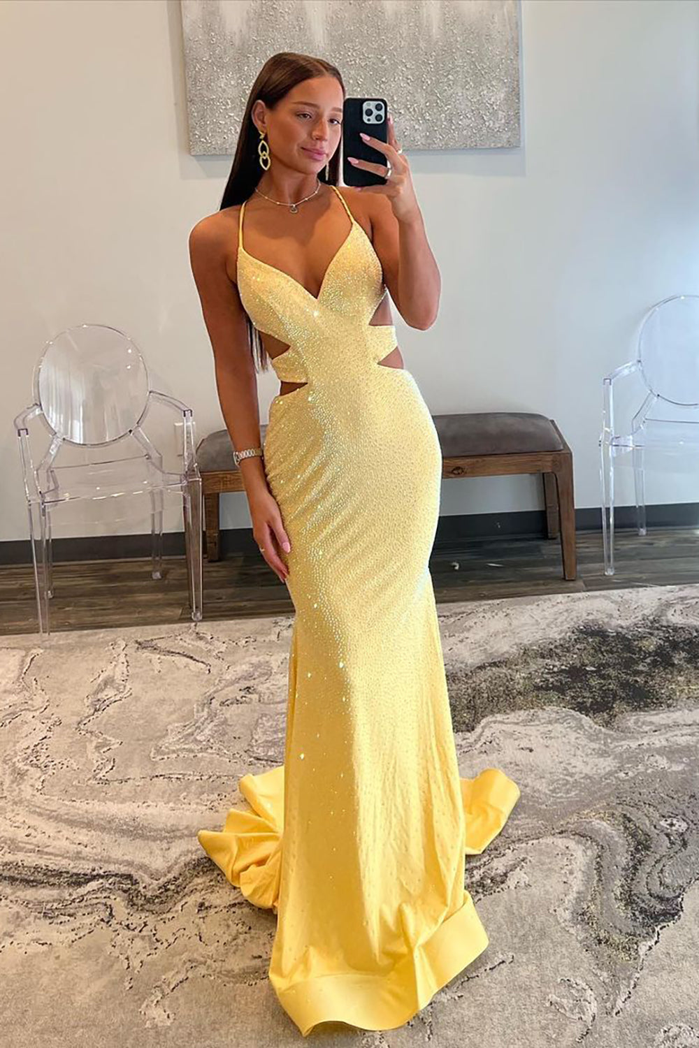 Yellow Mermaid Cutout Waist Lace Up Corset Long Beaded Prom Dress - Fashionpara