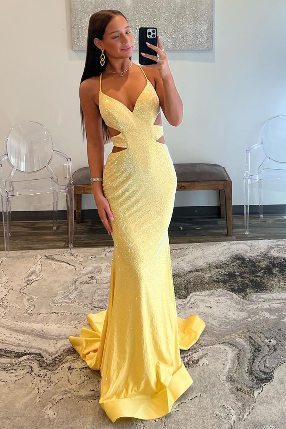 Yellow Mermaid Cutout Waist Lace Up Corset Long Beaded Prom Dress - Fashionpara