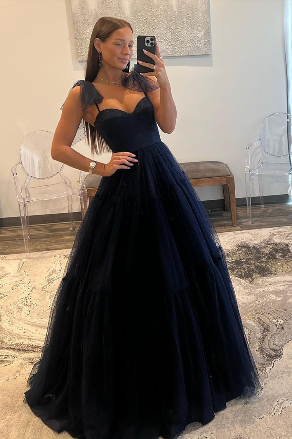 Dark Navy A-Line Tie Straps Zipper Back Long Tulle Prom Dress - Fashionpara