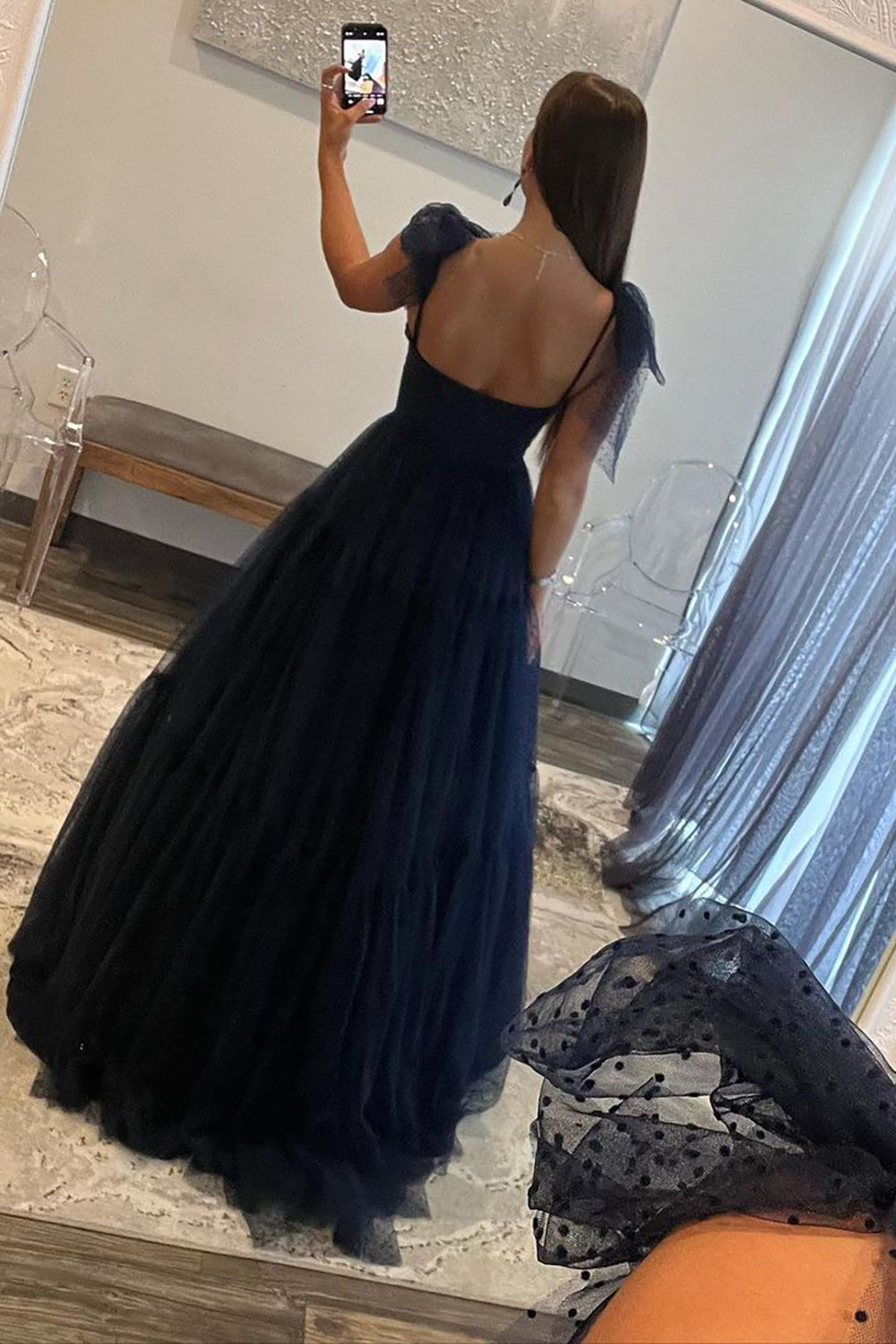 Dark Navy A-Line Tie Straps Zipper Back Long Tulle Prom Dress - Fashionpara