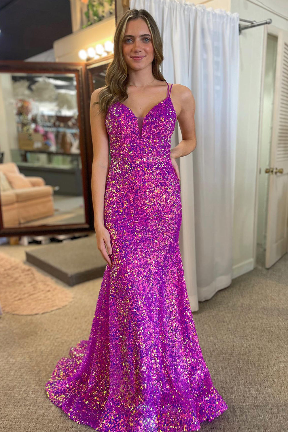 Sparkly Mermaid Purple Double Strapls Long Sequin Prom Dress - Fashionpara