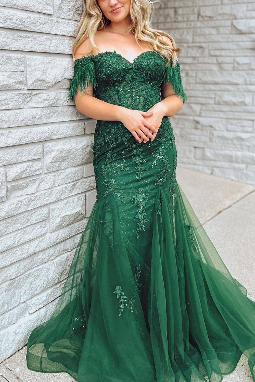 Dark Green Mermaid Off The Shoulder Long Prom Dress with Appliques - Fashionpara