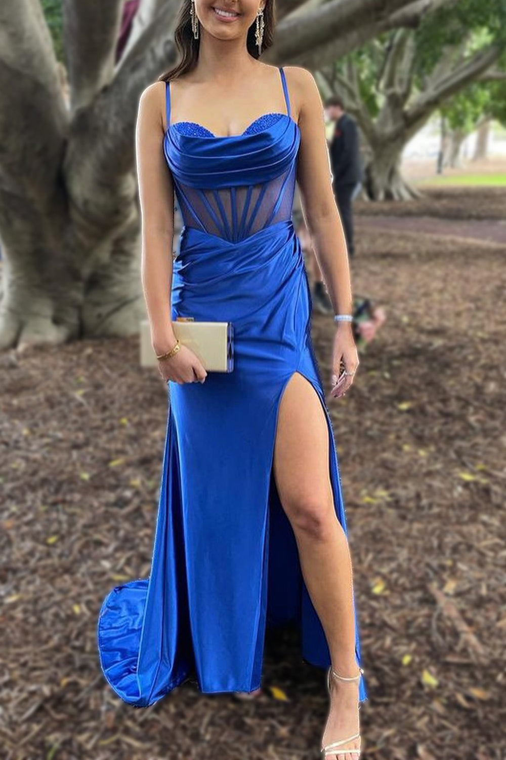 Royal Blue Mermaid Spaghetti Straps Long Satin Prom Dress With Split - Fashionpara