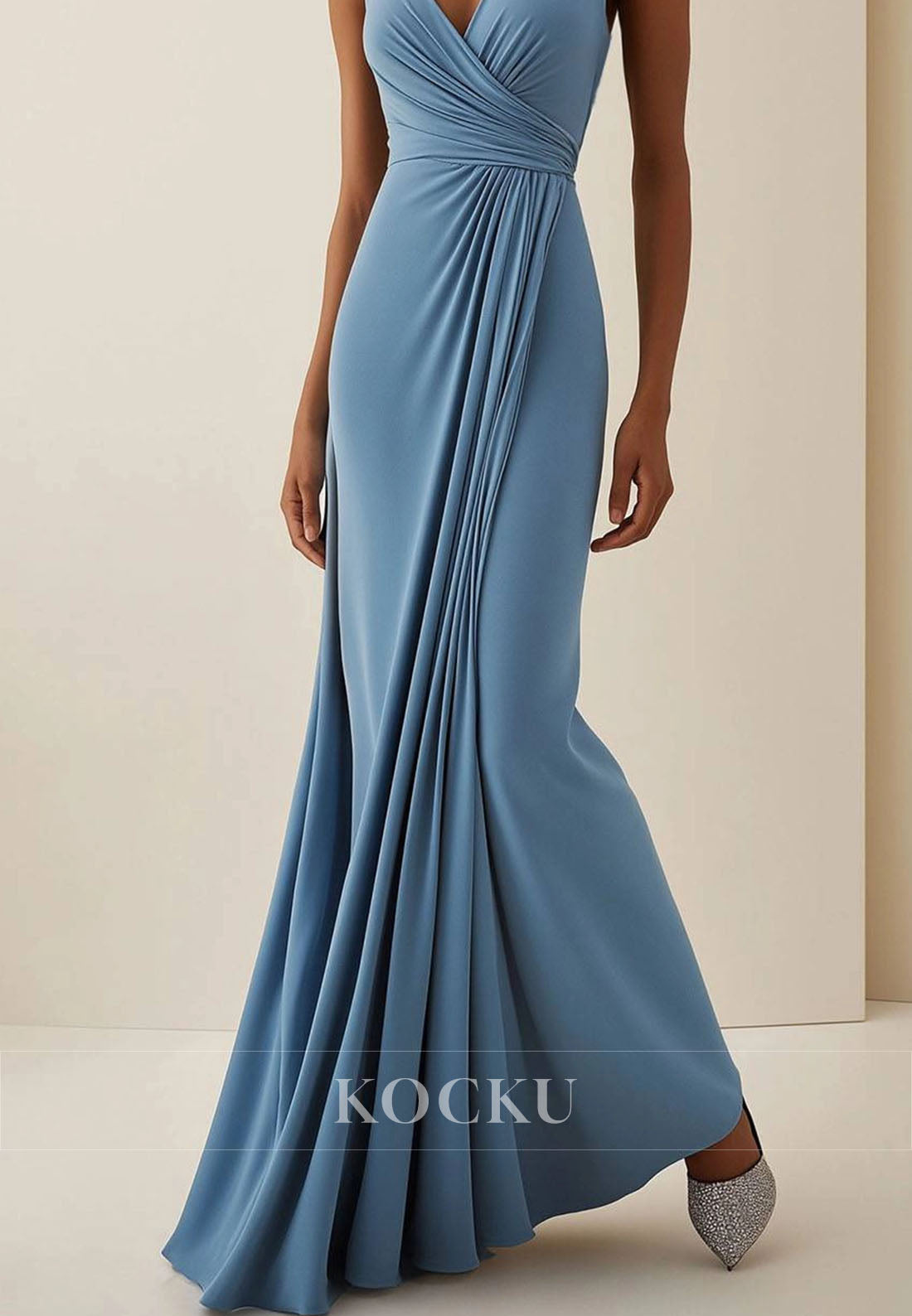 Daily V-Neck Straps Sheath Satin Work Dress Pleated Long Formal Wedding Guest Dress