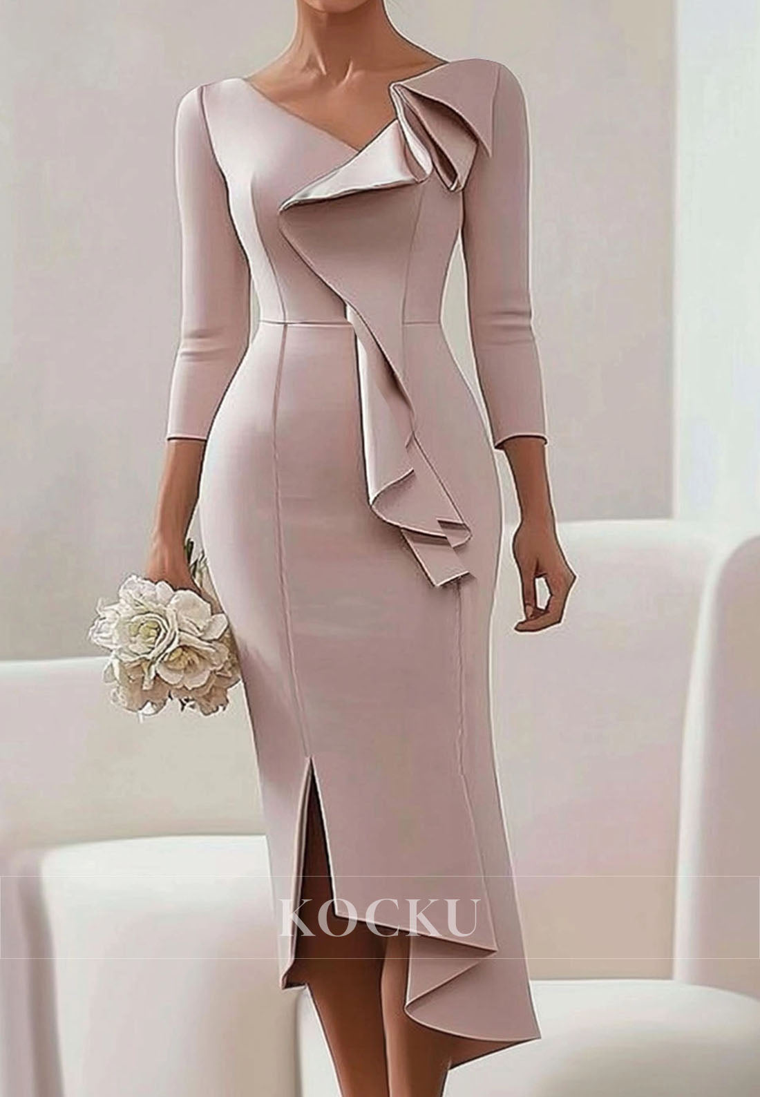 Daily Work Wedding Guest Dress Ruffle V-Neck Long Sleeves Midi Mother of Groom