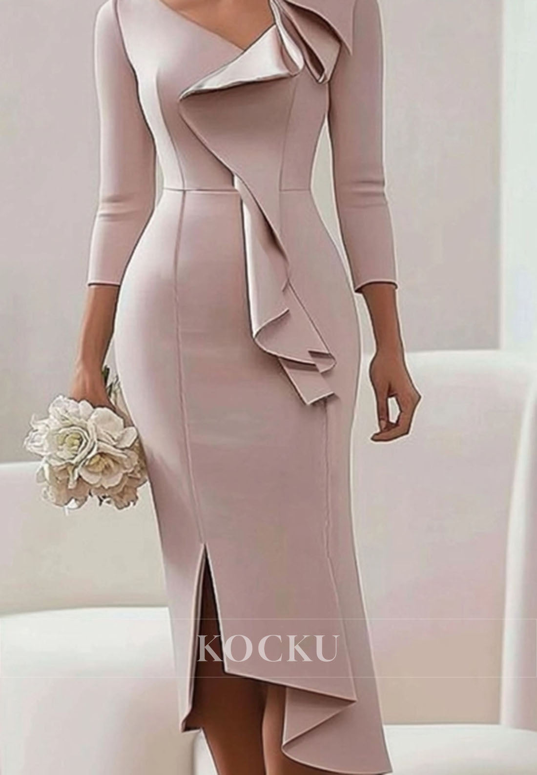 Daily Work Wedding Guest Dress Ruffle V-Neck Long Sleeves Midi Mother of Groom