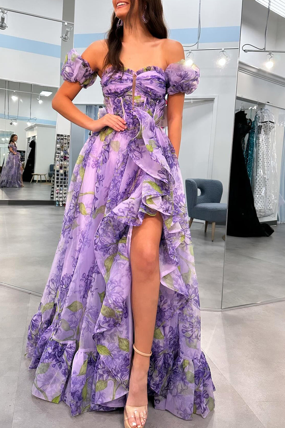 Lavender A-Line Strapless Long Ruffle Prom Dress With Detachable Sleeves - Fashionpara