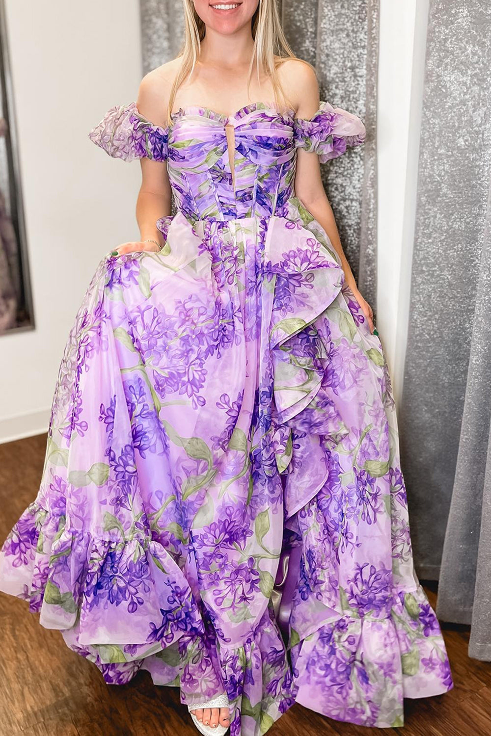 Lavender A-Line Strapless Long Ruffle Prom Dress With Detachable Sleeves - Fashionpara